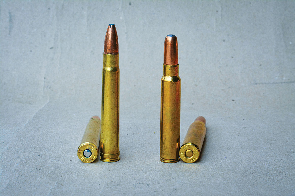The 375 H&H Magnum (left) requires a 3.600-inch-long action, while the 375 Ruger (right) functions in 30-06 length actions, while offering a beltless case with greater velocities.